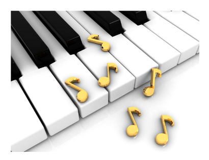 A piano keyboard with musical notes on the keys.